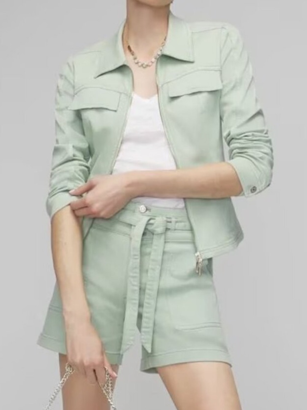 NEW White House Black Market Sage Green Utility Front Zip Jacket Slim XL
